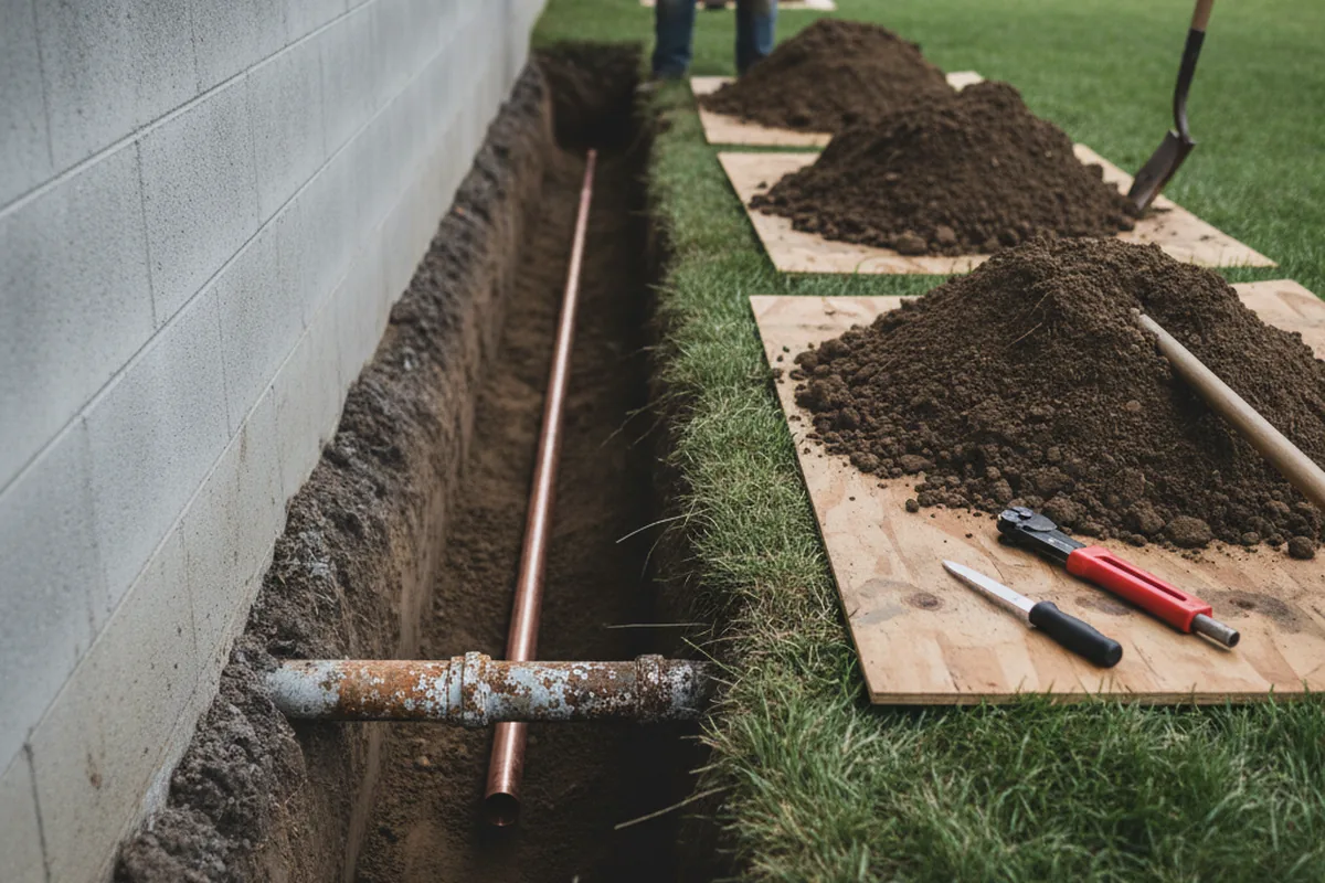 Excavated water line trench during Sewer Line Repair in Rockhill Furnace